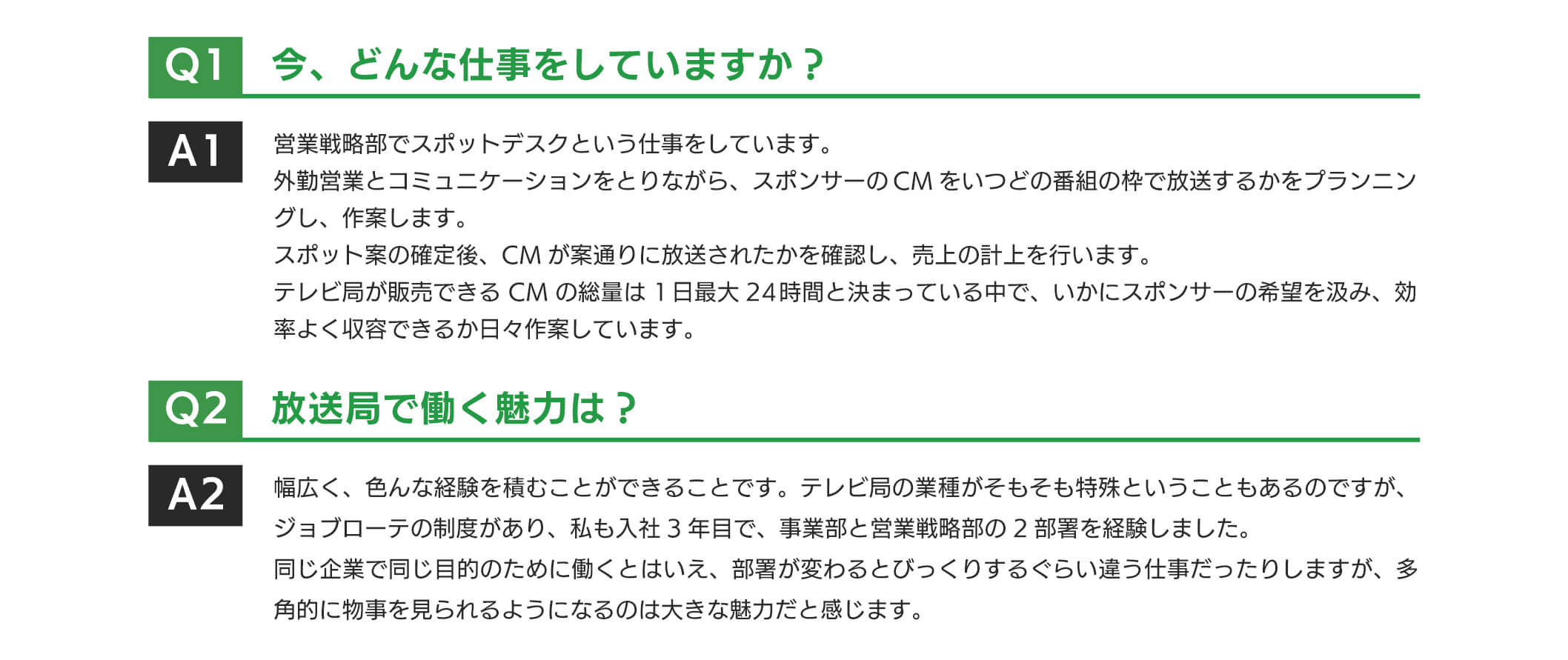 営業戦略部でスポットデスクという仕事をしています。外勤営業とコミュニケーションをとりながら、スポンサーの CM をいつどの番組の枠で放送するかをプラン一グし、作案します。スポット案の確定後、CMが案通りに放送されたかを確認し、売上の計上を行います。テレビ局が販売できる CM の総量は 1 日最大 24 時間と決まっている中で、いかにスホンサーの希望を汲み、効率よく収容できるか日々作案しています。放送局で働く魅力は多角的に物事を見られるようになるのは大きな魅力だと感じます。同じ企業で同じ目的のために働くとはいえ、部署が変わるとびつくりするぐらい違う仕事だったりしますが、多ジョブローテの制度があり、私も入社3年目で、事業部と営業戦略部の2部署を経験しました。幅広く、色んな経験を積むことができることです。テレビ局の業種がそもそも特殊ということもあるのですが、